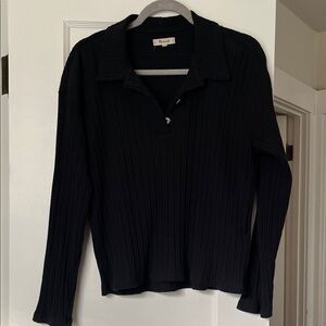 Madewell Black Ribbed Polo Shirt Quarter Button Up